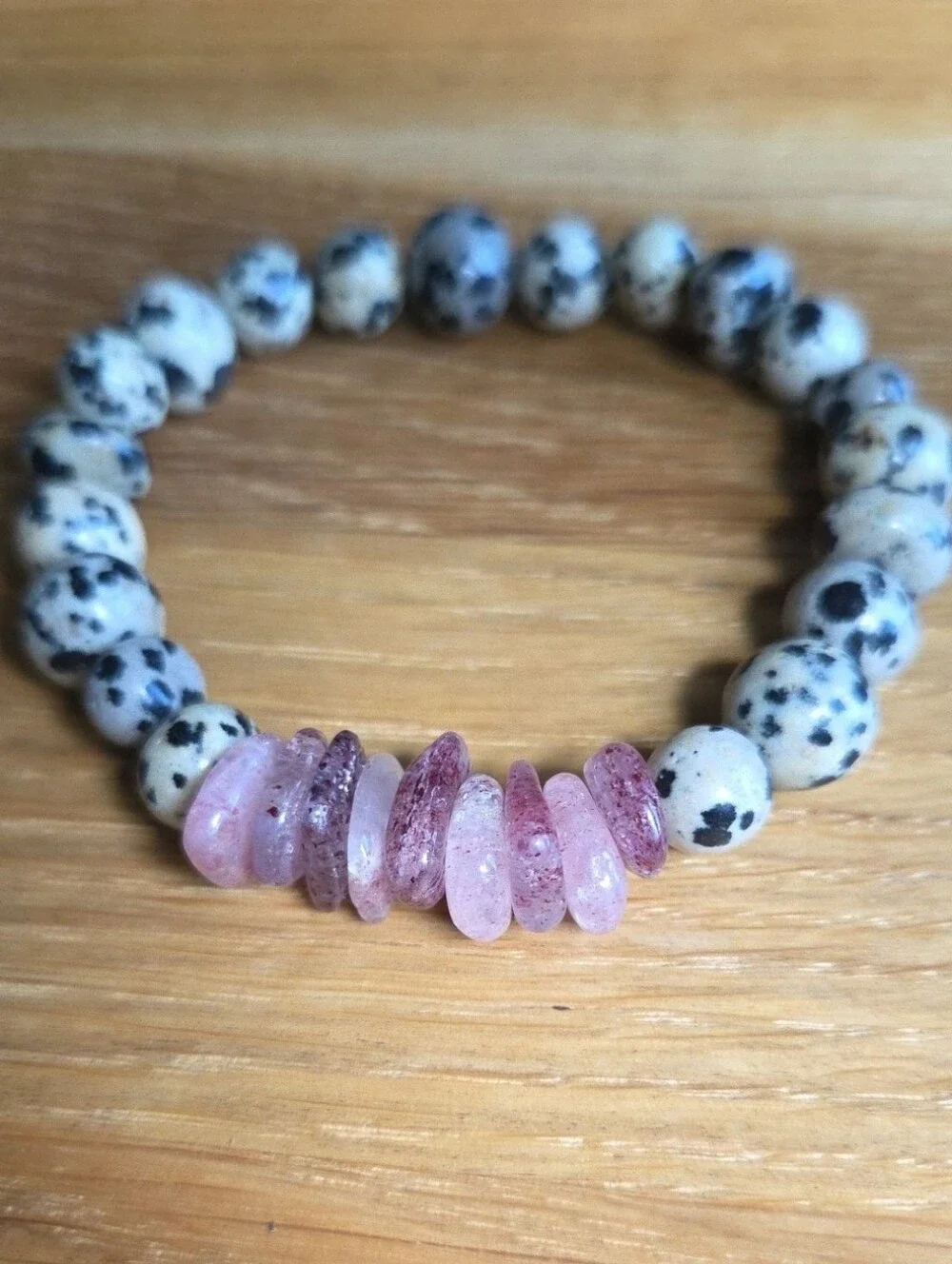 Dalmatian Jasper & Strawberry Quartz Beaded Stretch Bracelet | Handmade